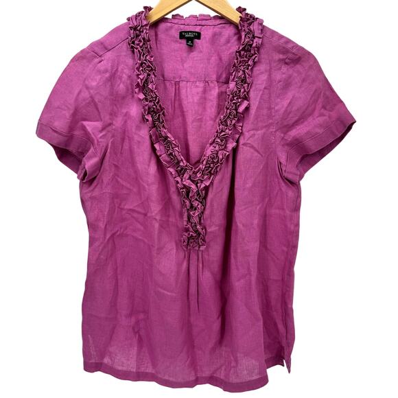 Talbots Blouse Womens 10 Pink Low V-Neck Ruffled Short Sleeve 100% Linen Coastal - Picture 1 of 6